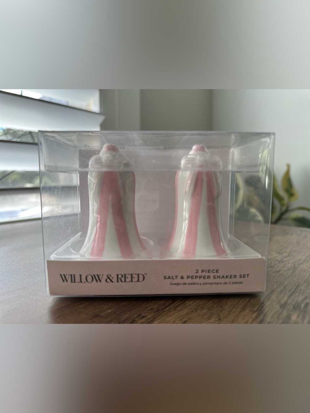 Willow & Reed Pink Stripe Salt Pepper Shakers Ceramic NIB